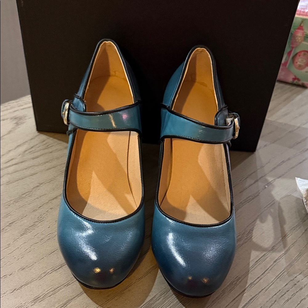 Classic Teal Mary Jane Flats with Buckle Strap